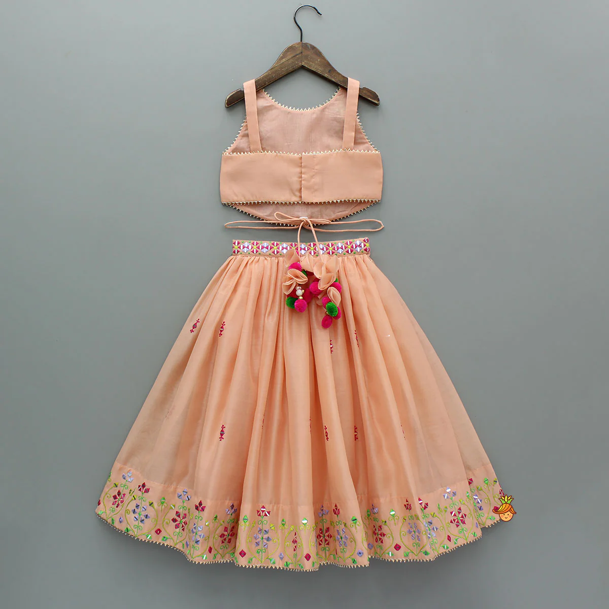 Peach Faux Mirror Embroidered Top With Matching Embroidered Lehenga And Dupatta - Image 2