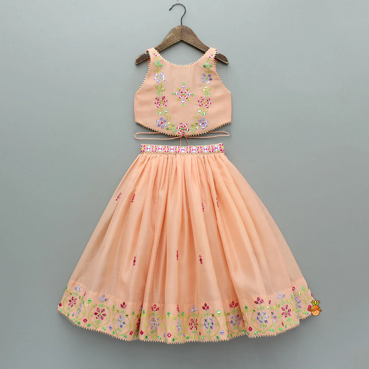 Peach Faux Mirror Embroidered Top With Matching Embroidered Lehenga And Dupatta - Image 3