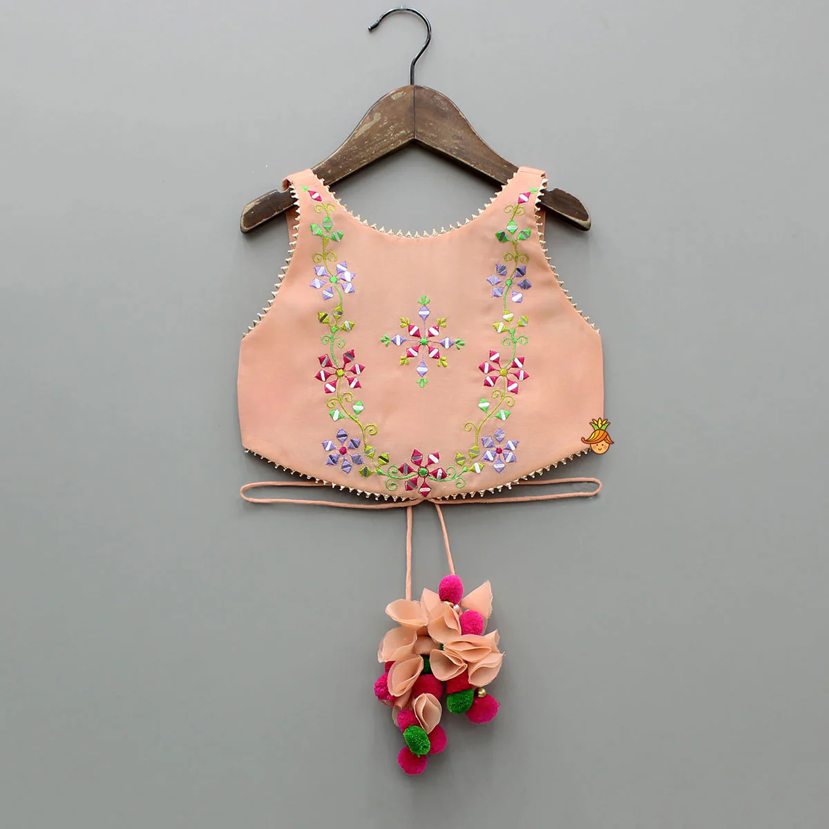 Peach Faux Mirror Embroidered Top With Matching Embroidered Lehenga And Dupatta - Image 4