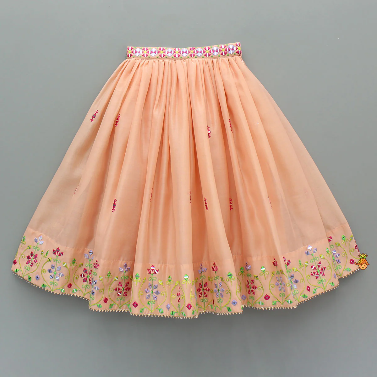 Peach Faux Mirror Embroidered Top With Matching Embroidered Lehenga And Dupatta - Image 5