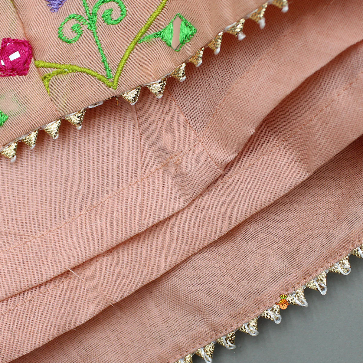 Peach Faux Mirror Embroidered Top With Matching Embroidered Lehenga And Dupatta - Image 7