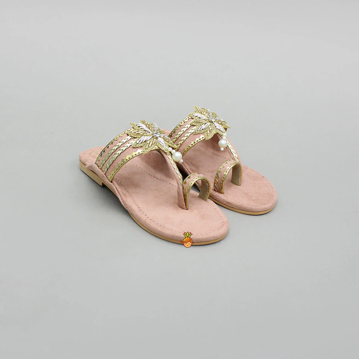 Peach Floral Detailed Embellished Kolhapuri Flats