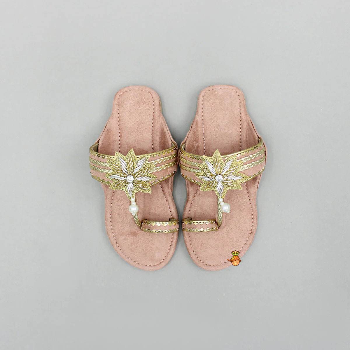 Peach Floral Detailed Embellished Kolhapuri Flats - Image 3