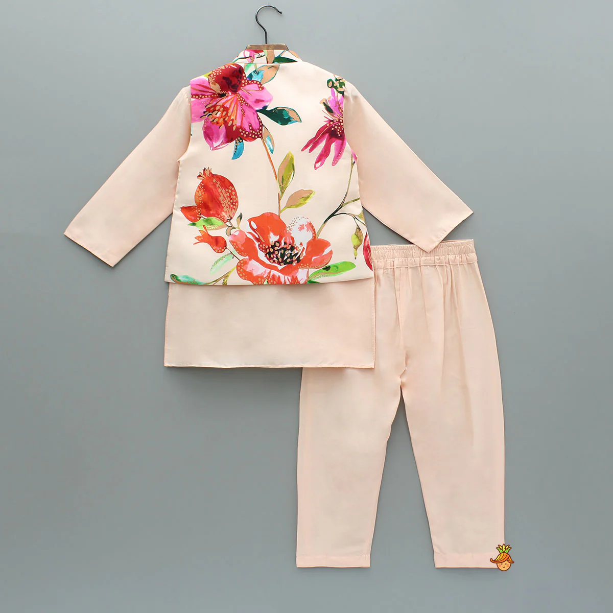 Peach Kurta With Front Printed Jacket And Pyjama - Image 2