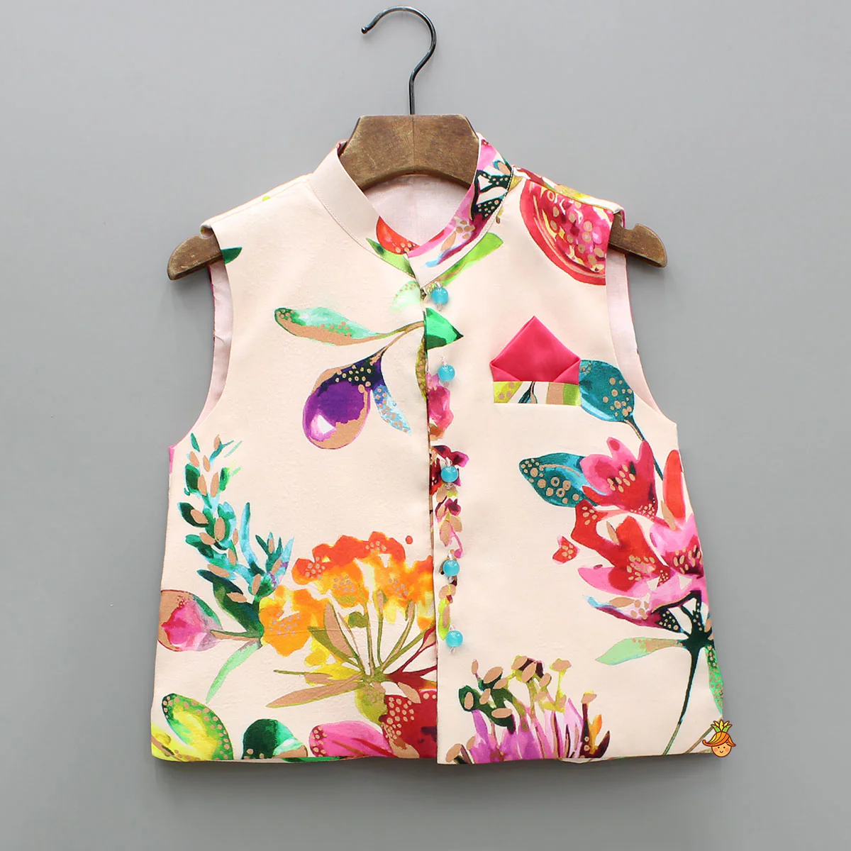 Peach Kurta With Front Printed Jacket And Pyjama - Image 6