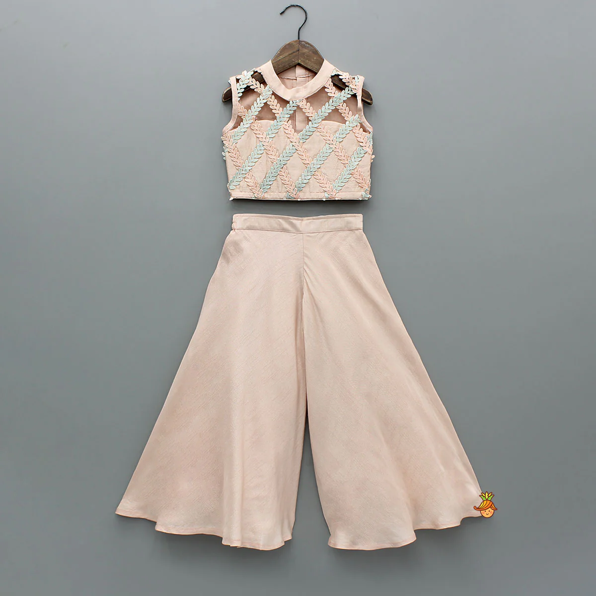 Peach Sequin Embroidered Lace Detailed Top And Umbrella Style Flared Palazzo