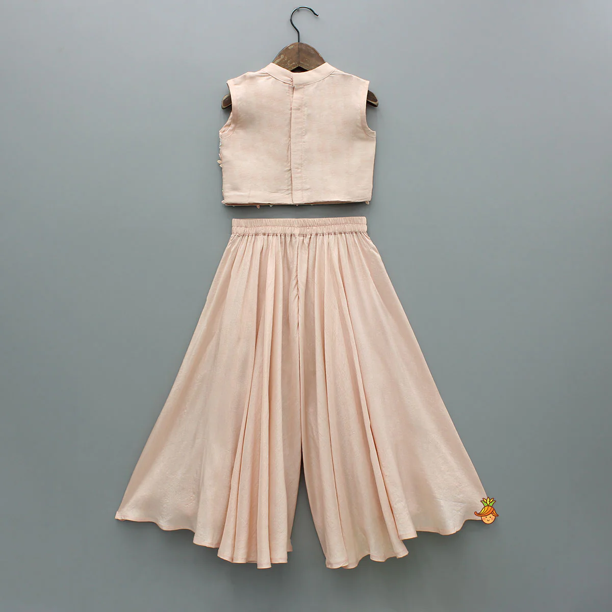 Peach Sequin Embroidered Lace Detailed Top And Umbrella Style Flared Palazzo - Image 2