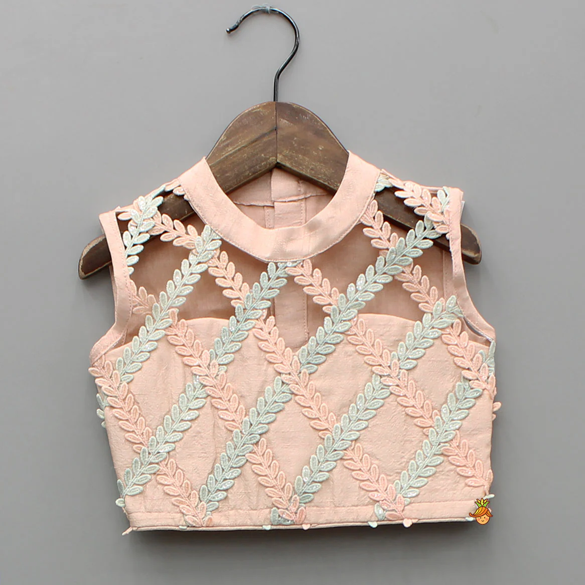 Peach Sequin Embroidered Lace Detailed Top And Umbrella Style Flared Palazzo - Image 3