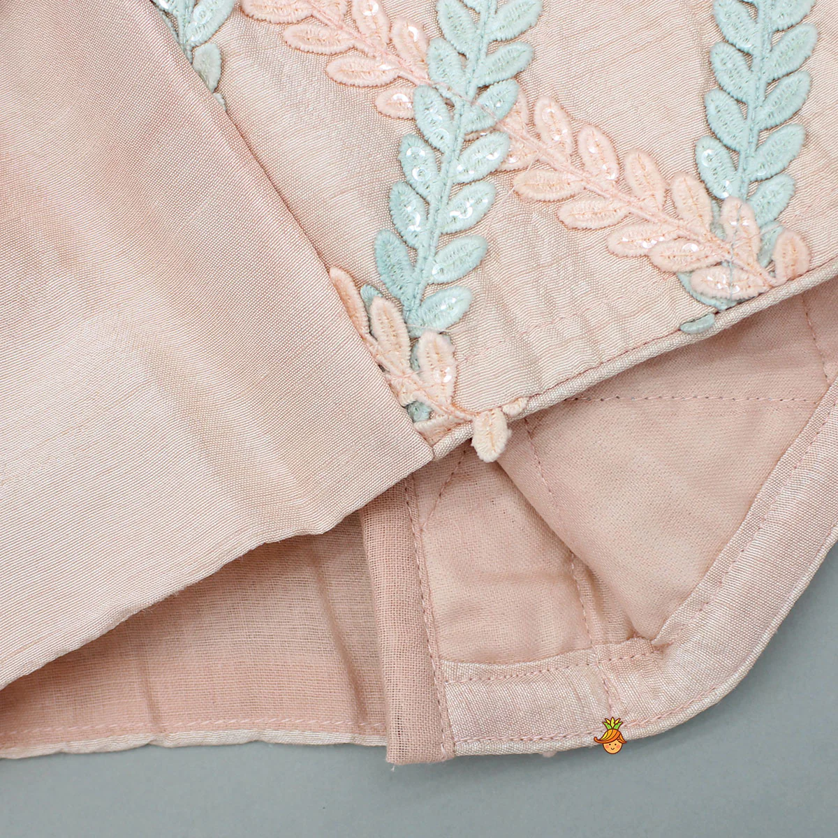 Peach Sequin Embroidered Lace Detailed Top And Umbrella Style Flared Palazzo - Image 5