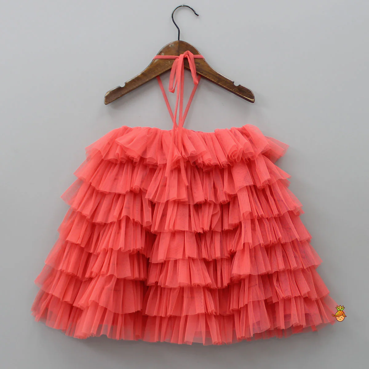 Peachish Pink Backless Net Ruffle Dress - Image 2