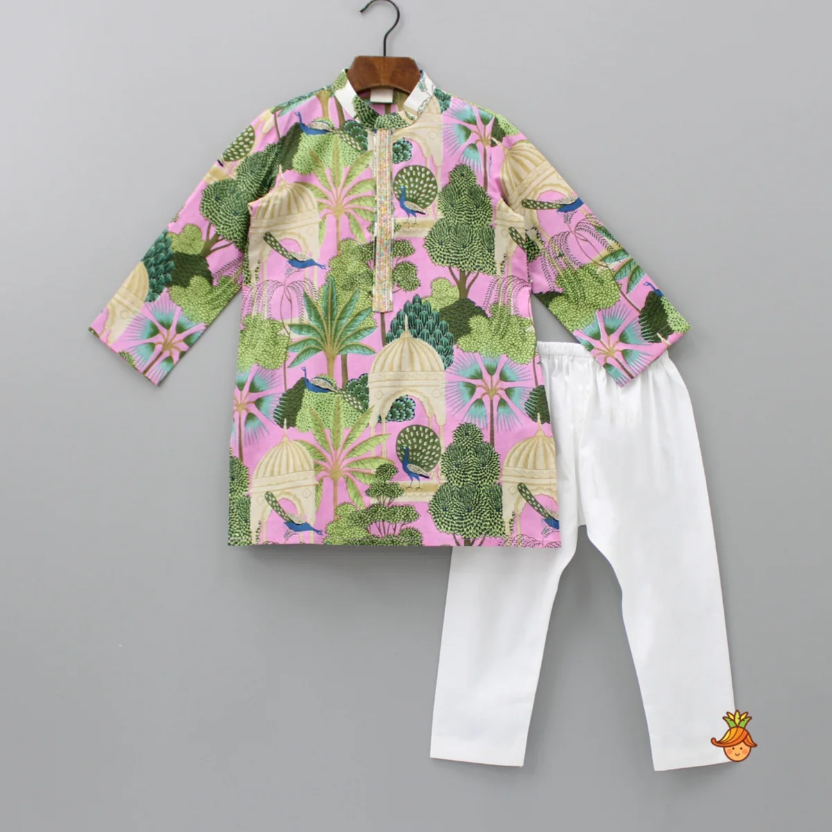 Peacock Printed Cotton Multicolour Kurta And White Pyjama