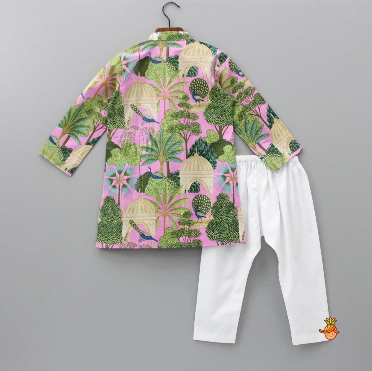 Peacock Printed Cotton Multicolour Kurta And White Pyjama - Image 2