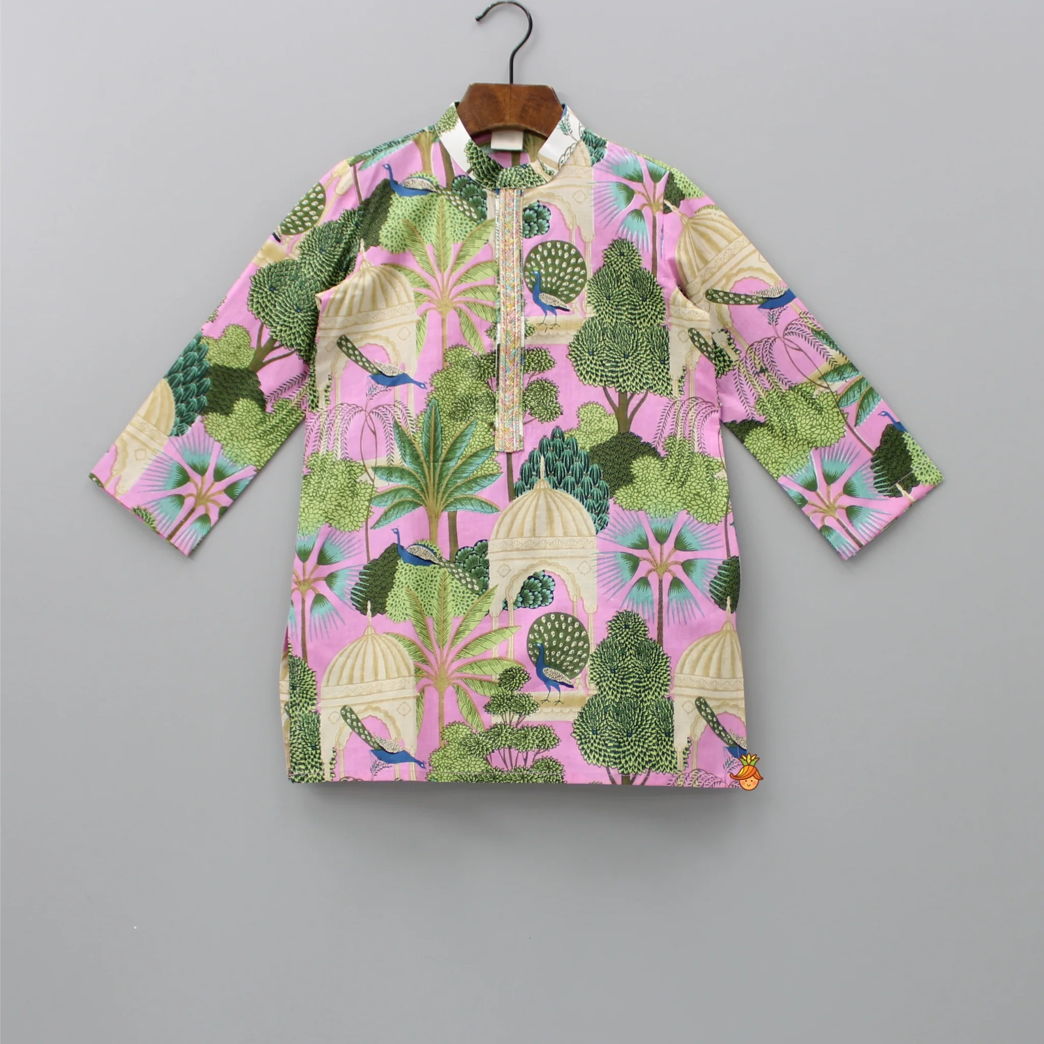 Peacock Printed Cotton Multicolour Kurta And White Pyjama - Image 3