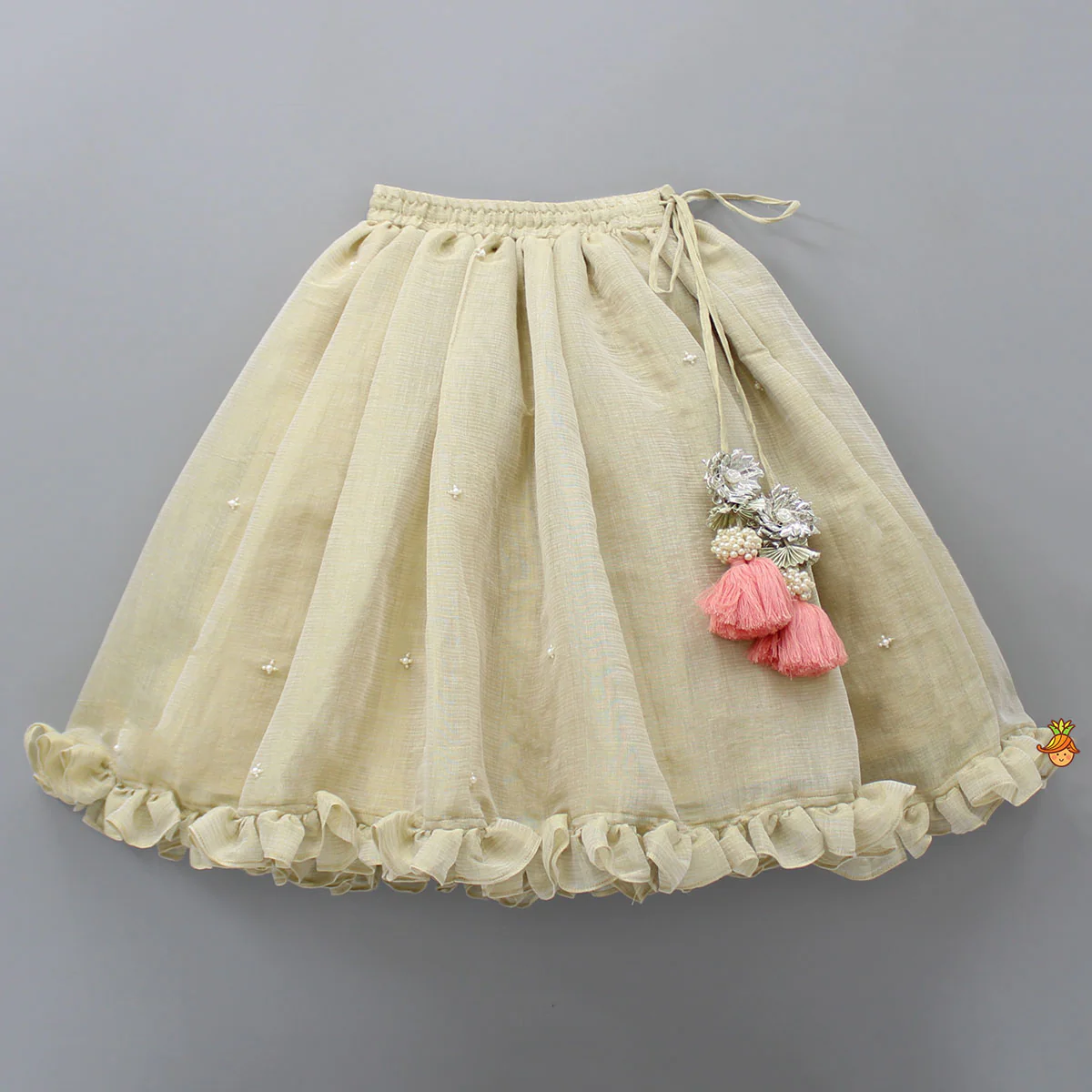 Peter Pan Collar Peach Top And Ruffle Hem Lehenga - Image 4