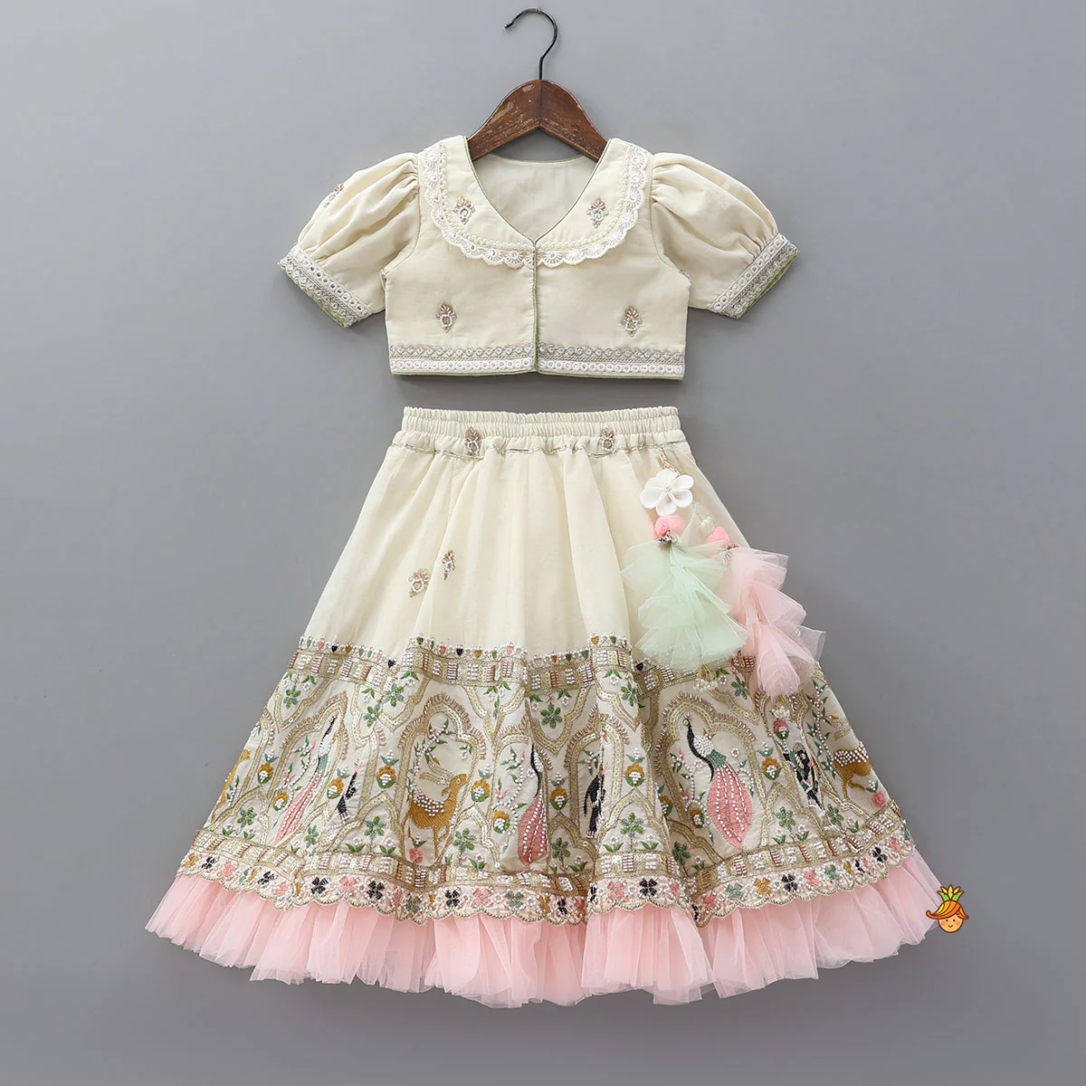 Peter Pan Collar Top And Embroidered Lehenga With Net Dupatta - Image 3