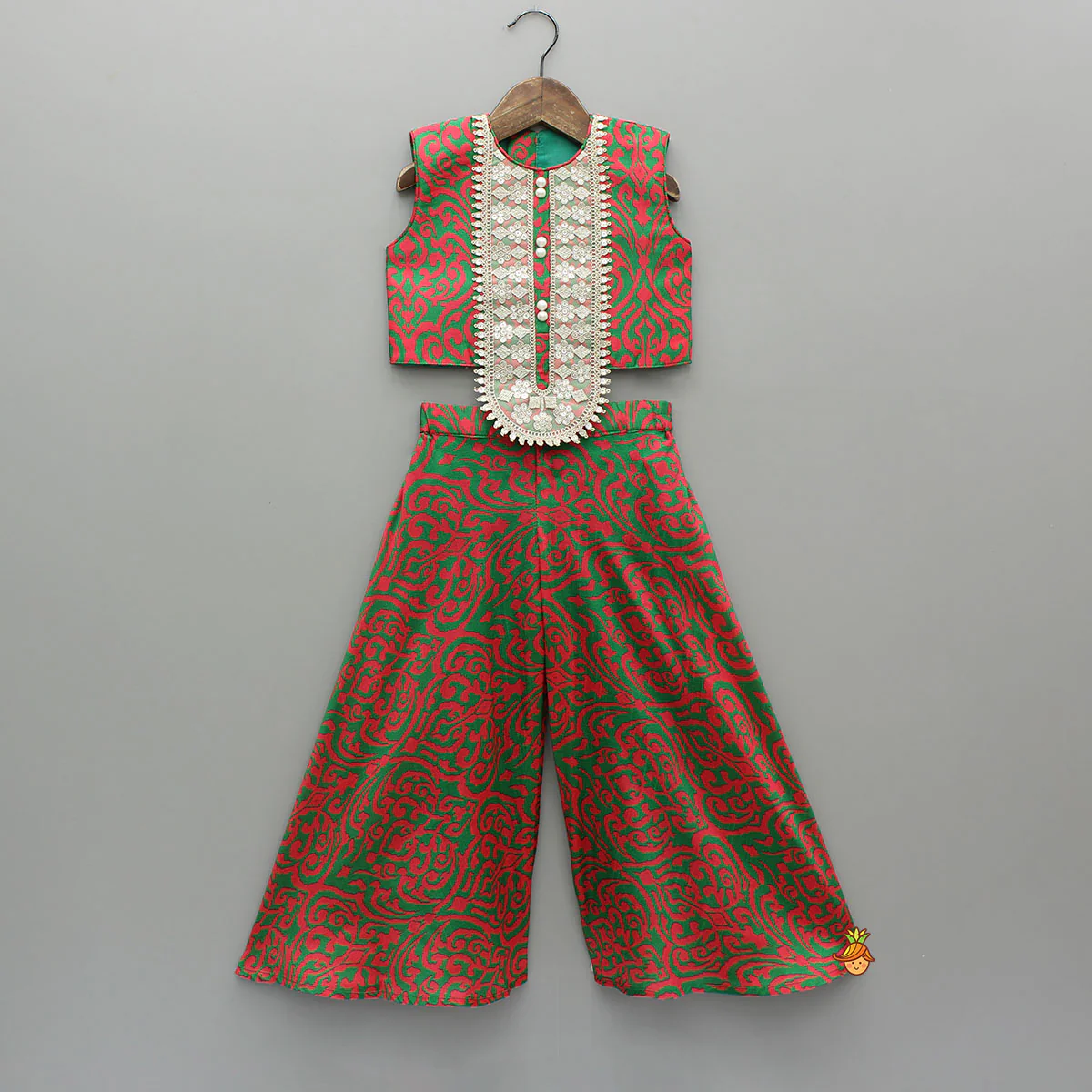 Pink And Green Printed Top With Palazzo