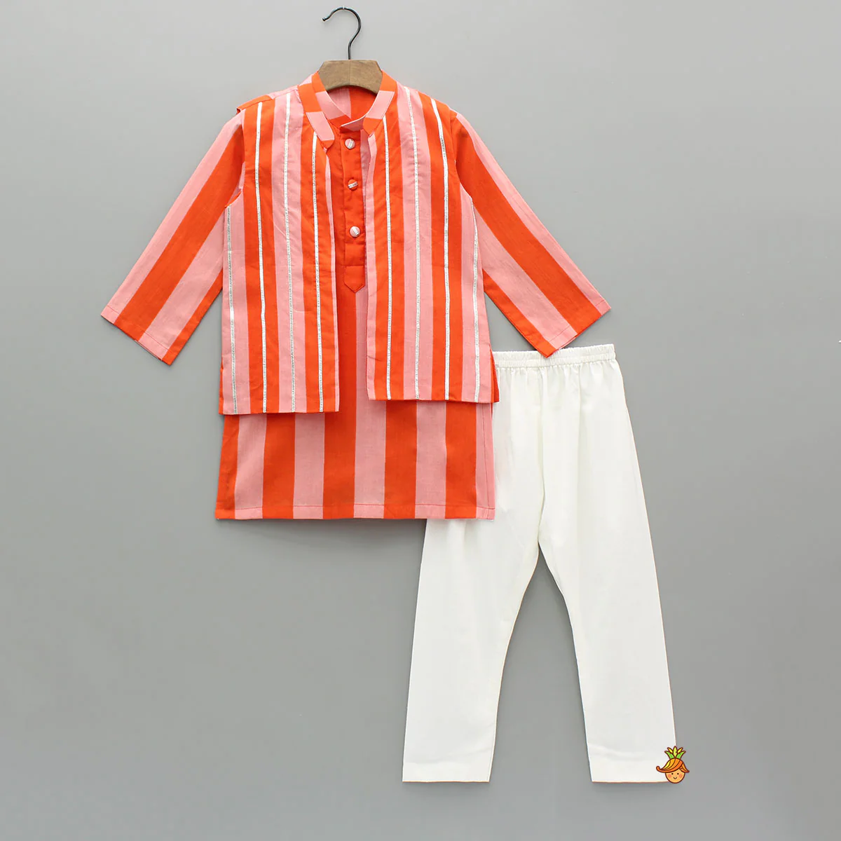 Pink And Orange Striped Kurta With Matching Jacket And Off White Pyjama