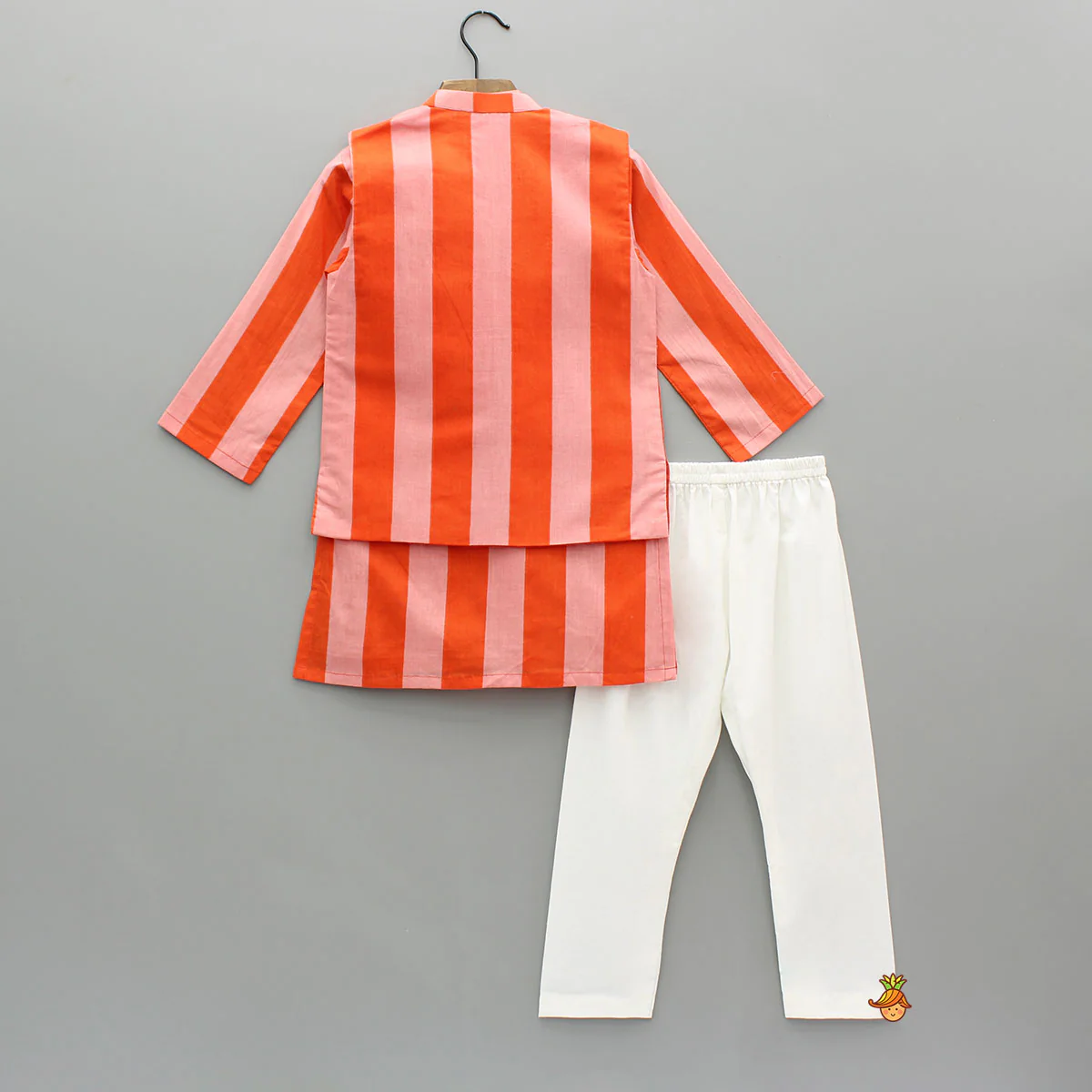 Pink And Orange Striped Kurta With Matching Jacket And Off White Pyjama - Image 2