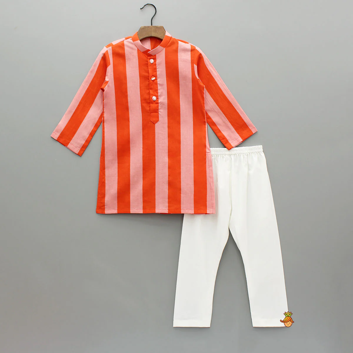 Pink And Orange Striped Kurta With Matching Jacket And Off White Pyjama - Image 3