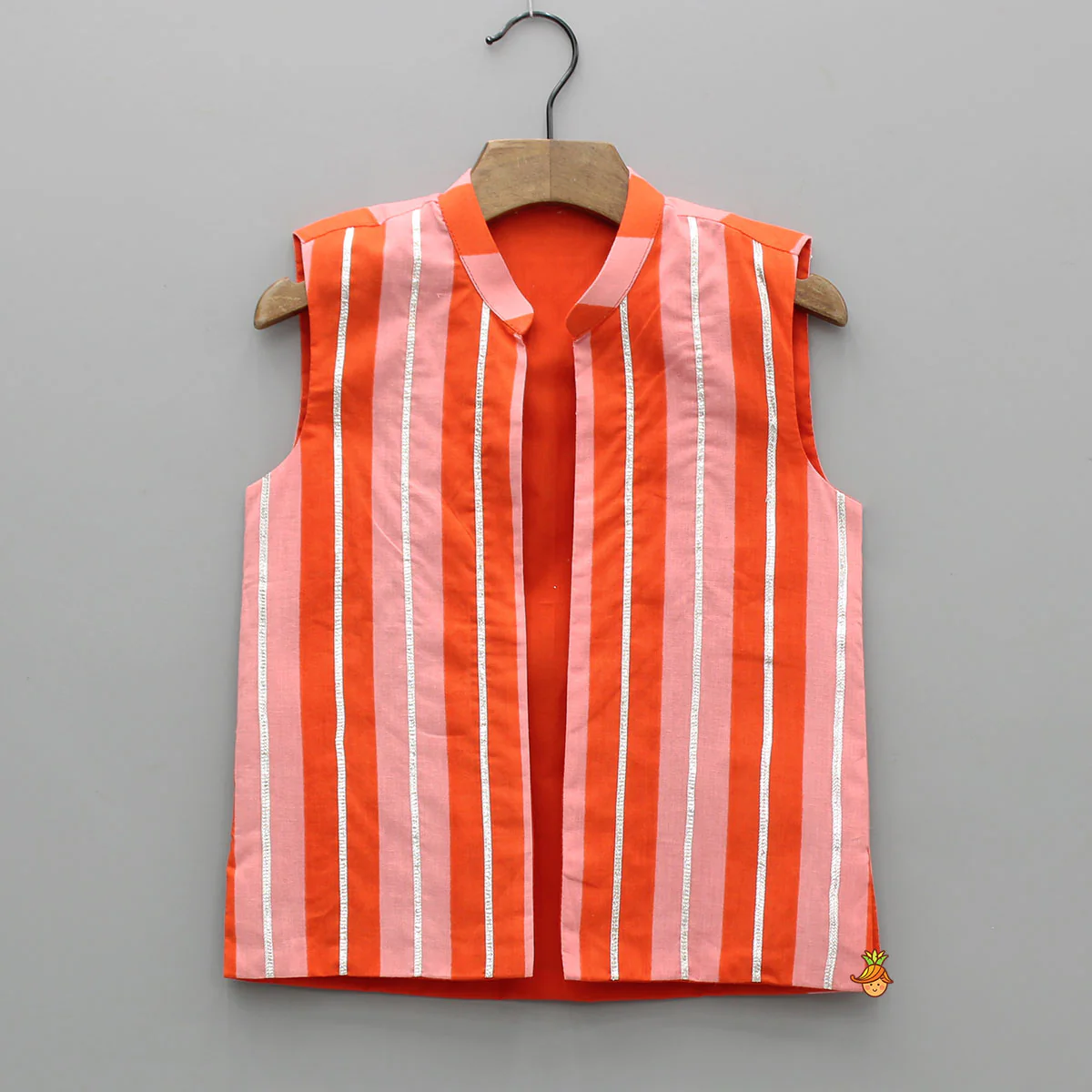 Pink And Orange Striped Kurta With Matching Jacket And Off White Pyjama - Image 6