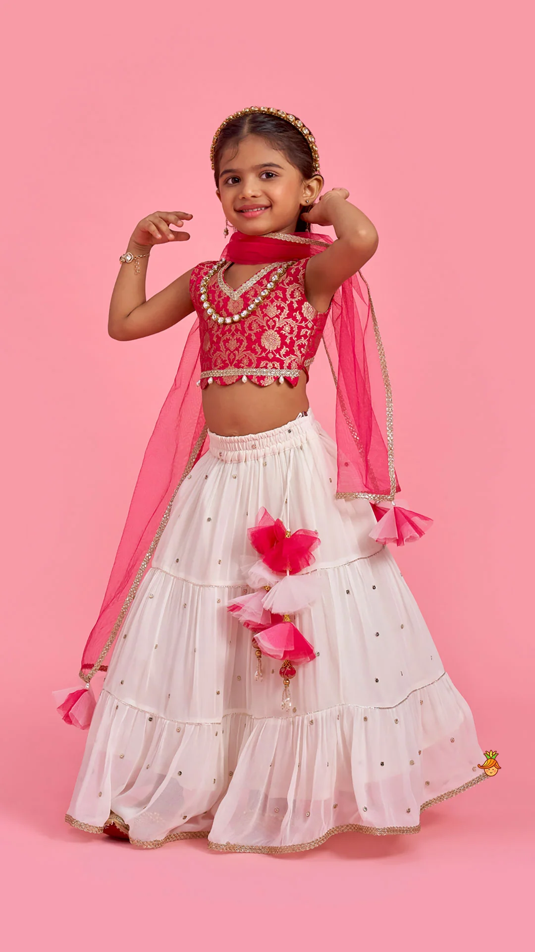Pink Brocade Top With Off White Lehenga And Dupatta - Image 2