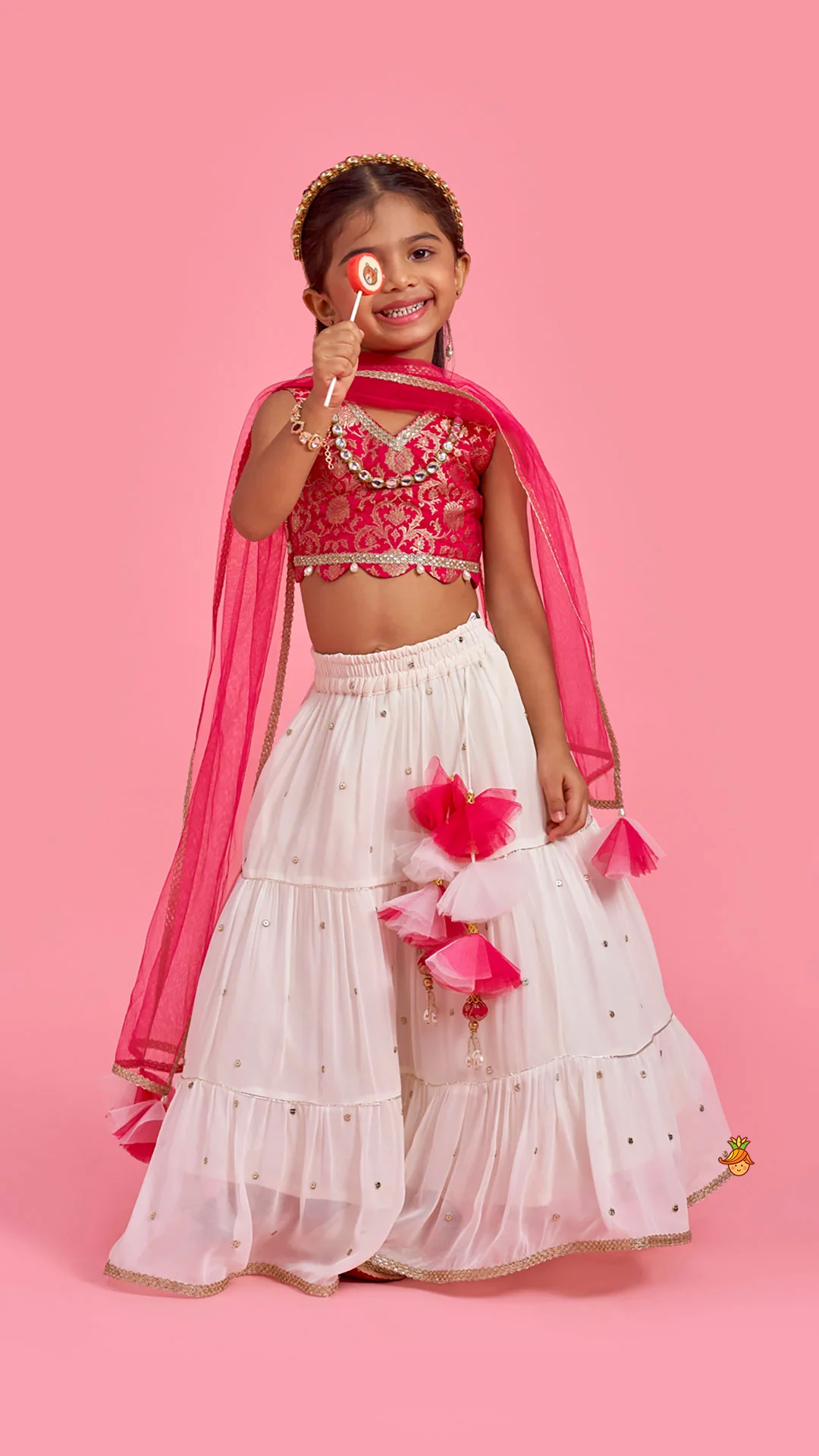 Pink Brocade Top With Off White Lehenga And Dupatta - Image 3