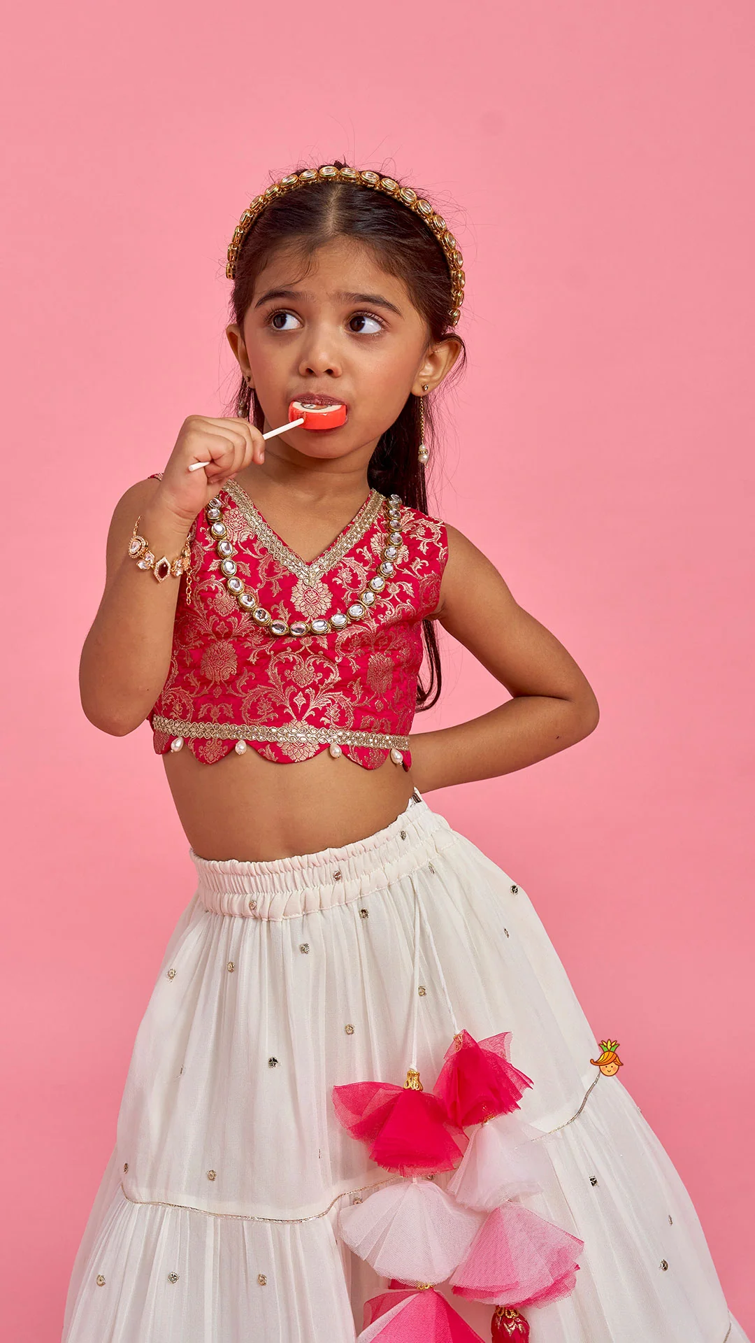Pink Brocade Top With Off White Lehenga And Dupatta - Image 4