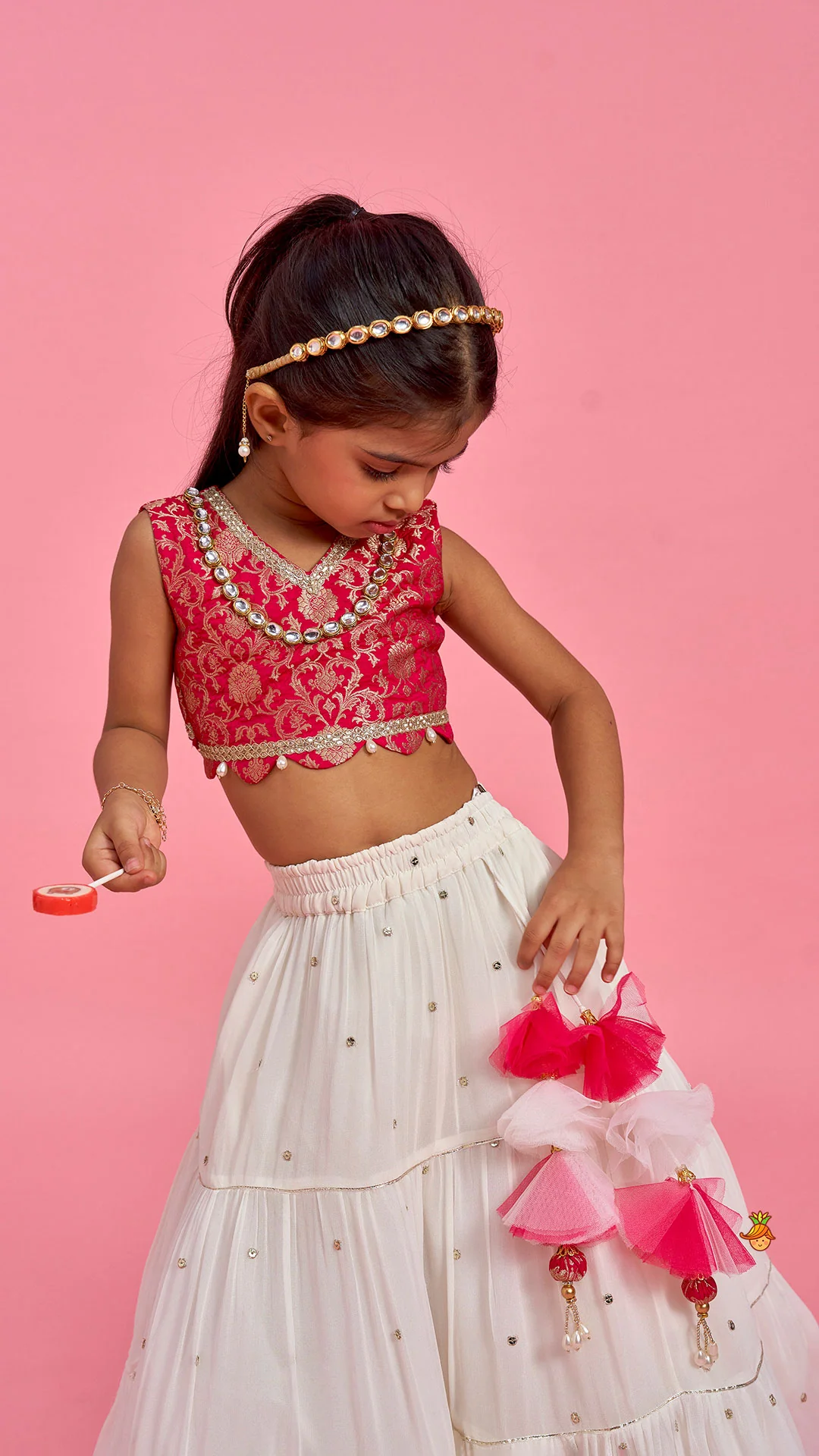 Pink Brocade Top With Off White Lehenga And Dupatta - Image 5