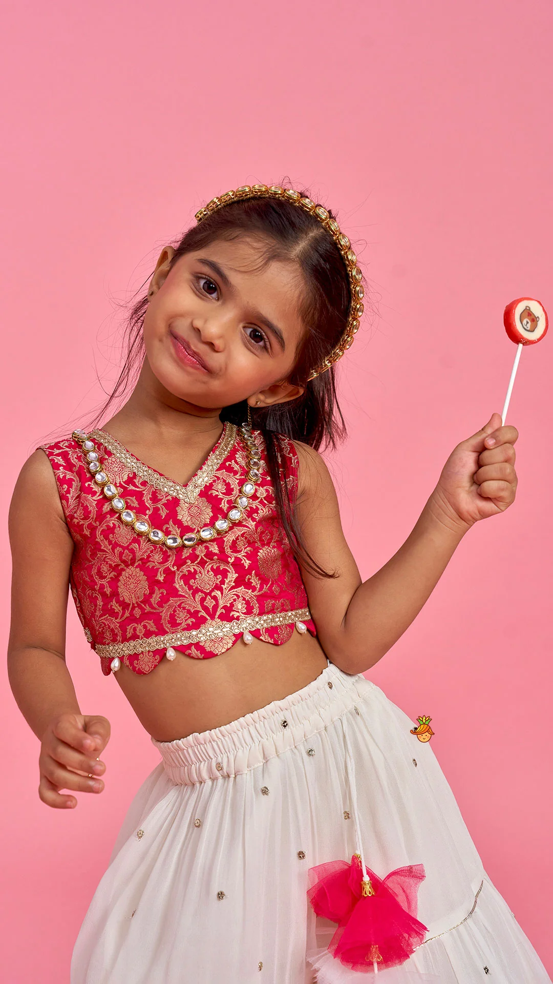 Pink Brocade Top With Off White Lehenga And Dupatta - Image 6