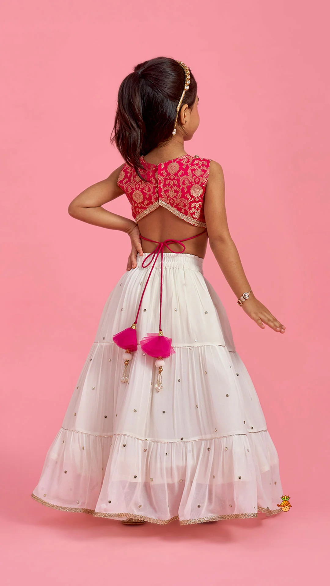 Pink Brocade Top With Off White Lehenga And Dupatta - Image 7
