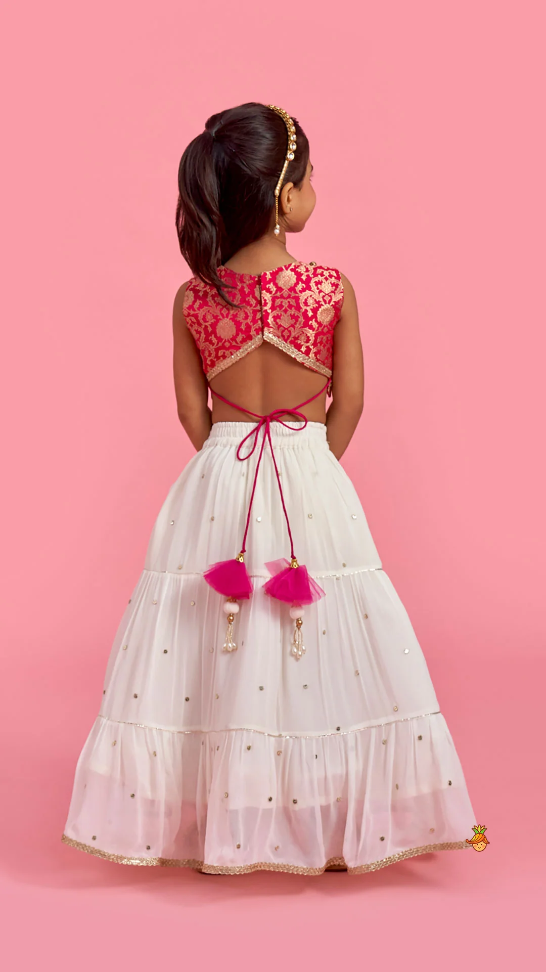 Pink Brocade Top With Off White Lehenga And Dupatta - Image 8