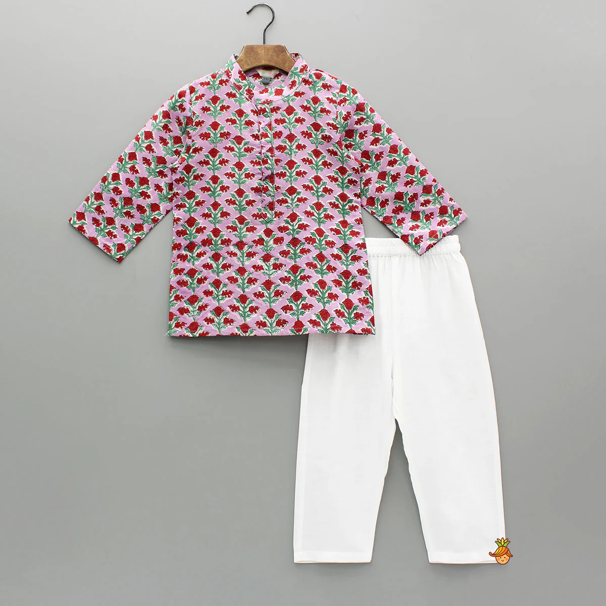 Pink Cotton Floral Kurta With White Pyjama