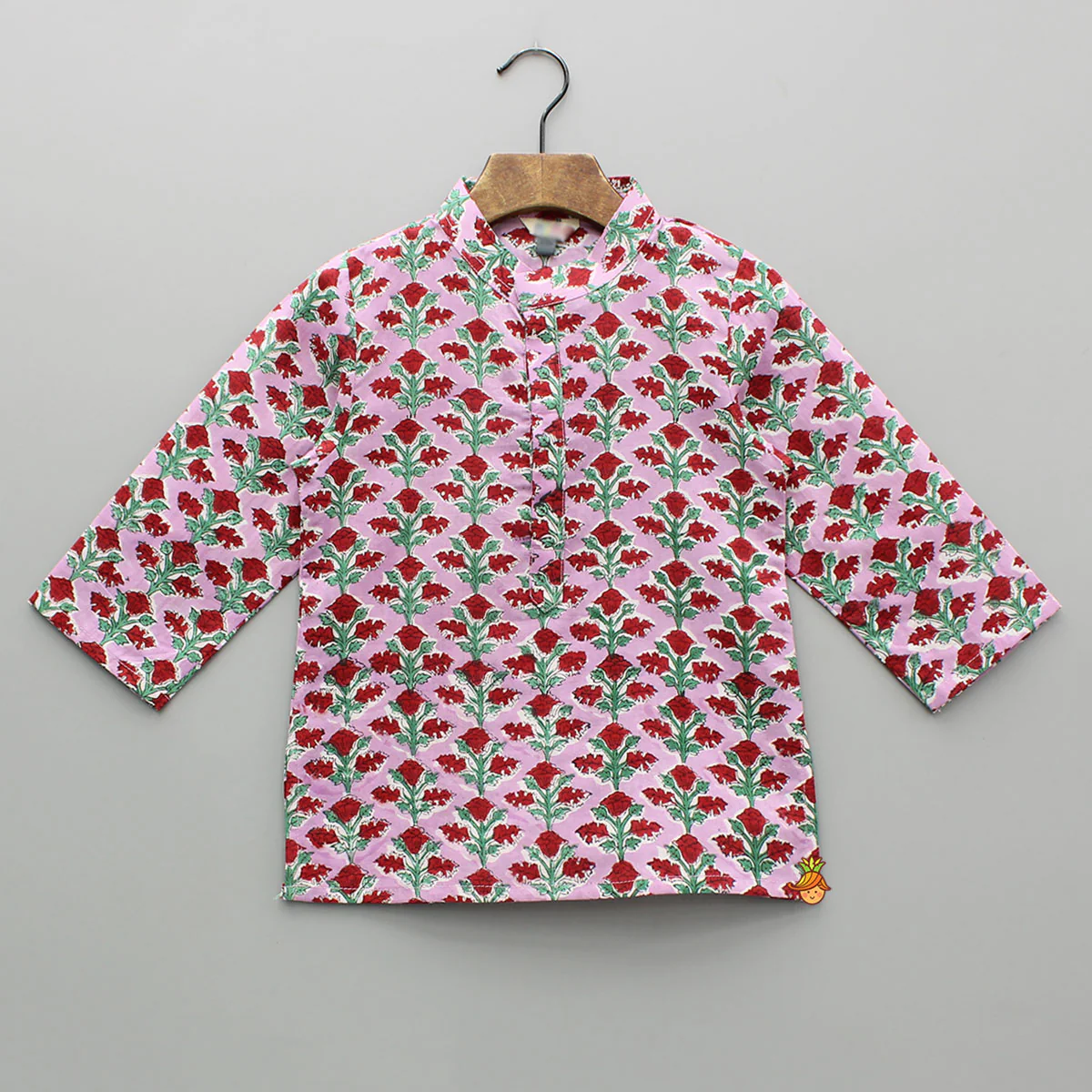 Pink Cotton Floral Kurta With White Pyjama - Image 3