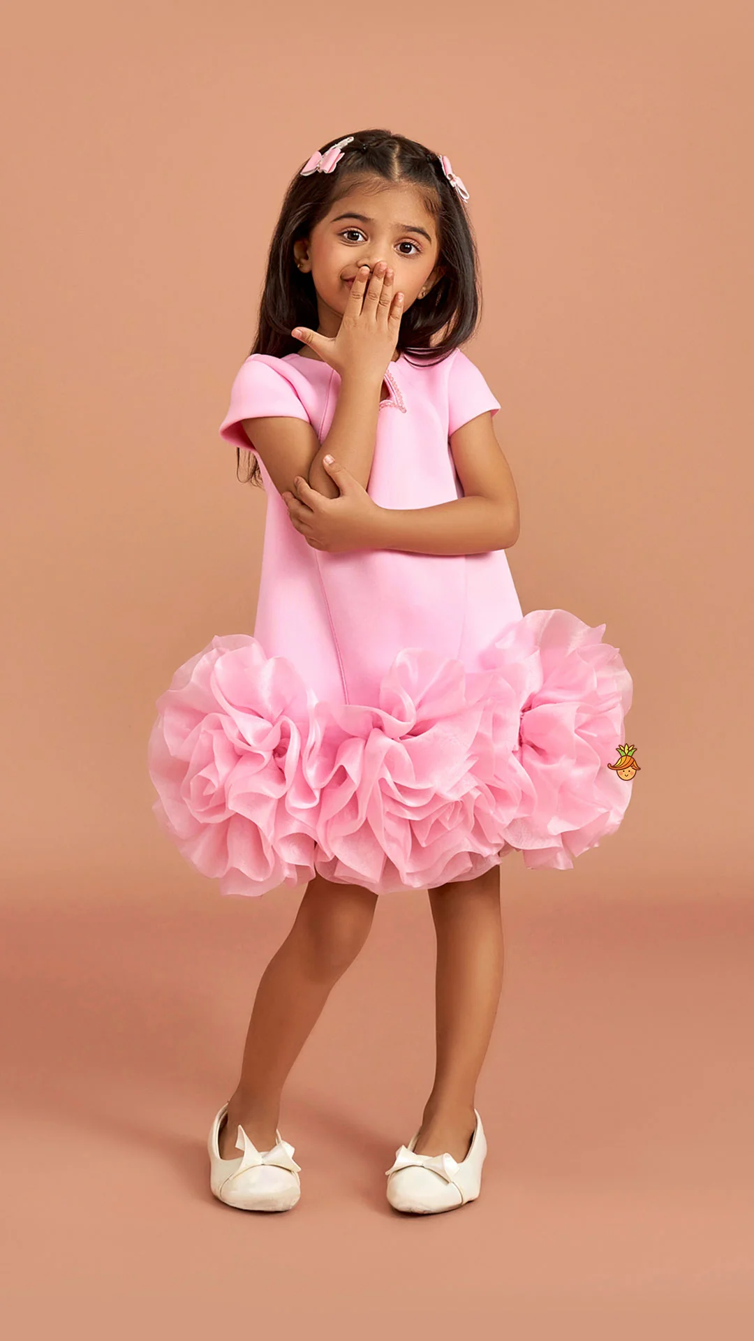 Pink Elegant Embellished Dress With Organza Flower Detail - Image 3