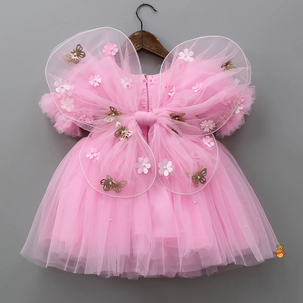 Pink Embellished Dress With Butterfly Wings And Swirled Bow Hairclip - Image 2