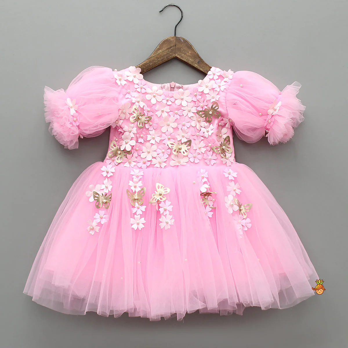 Pink Embellished Dress With Butterfly Wings And Swirled Bow Hairclip - Image 3
