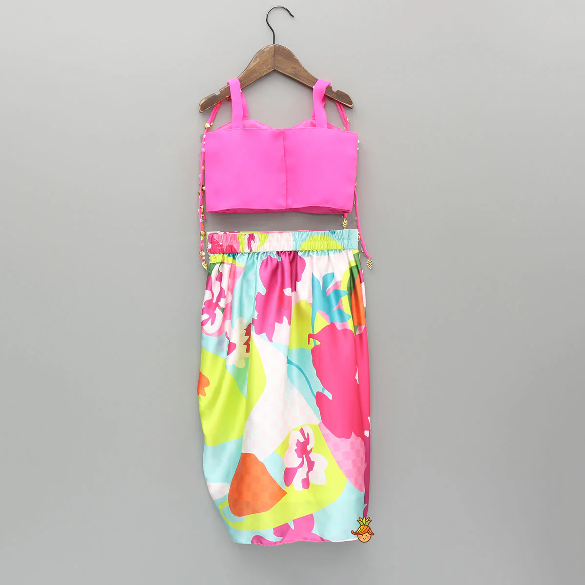 Pink Embellished Strappy Top And Printed Draped Skirt - Image 2