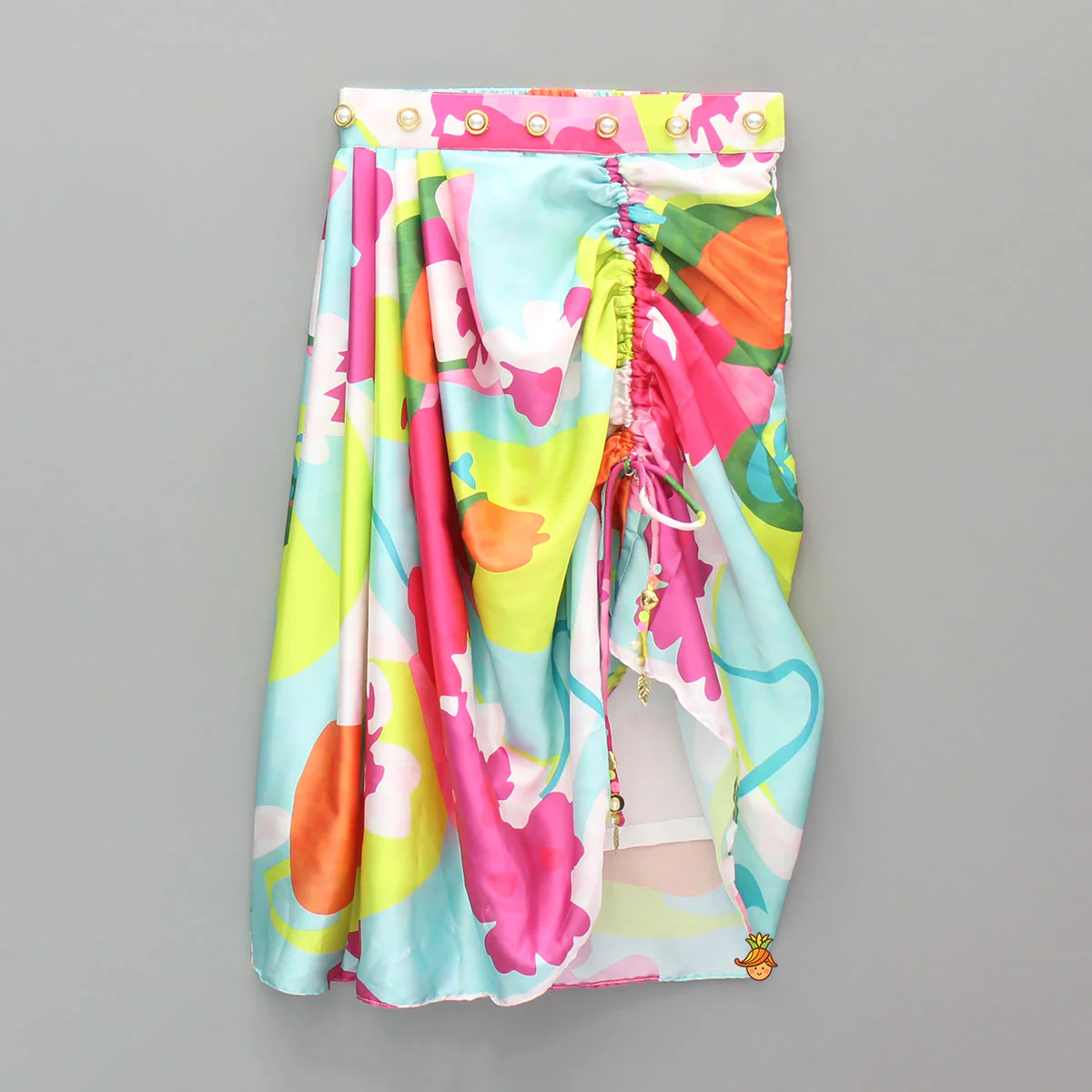 Pink Embellished Strappy Top And Printed Draped Skirt - Image 4