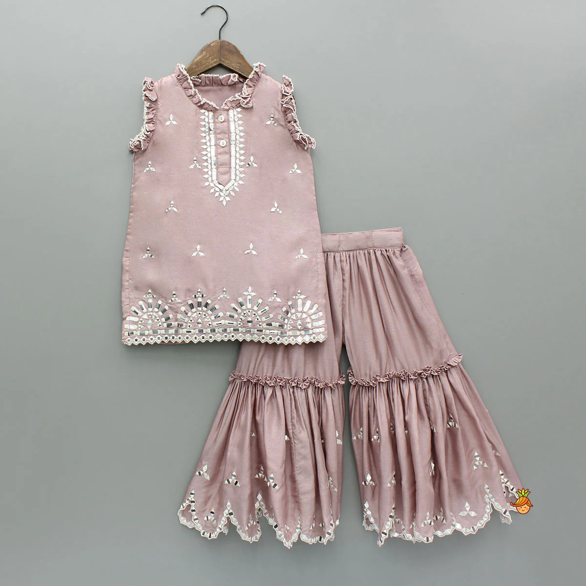 Pink Faux Mirror Embroidered Ruffle Detailed Kurti With Sharara