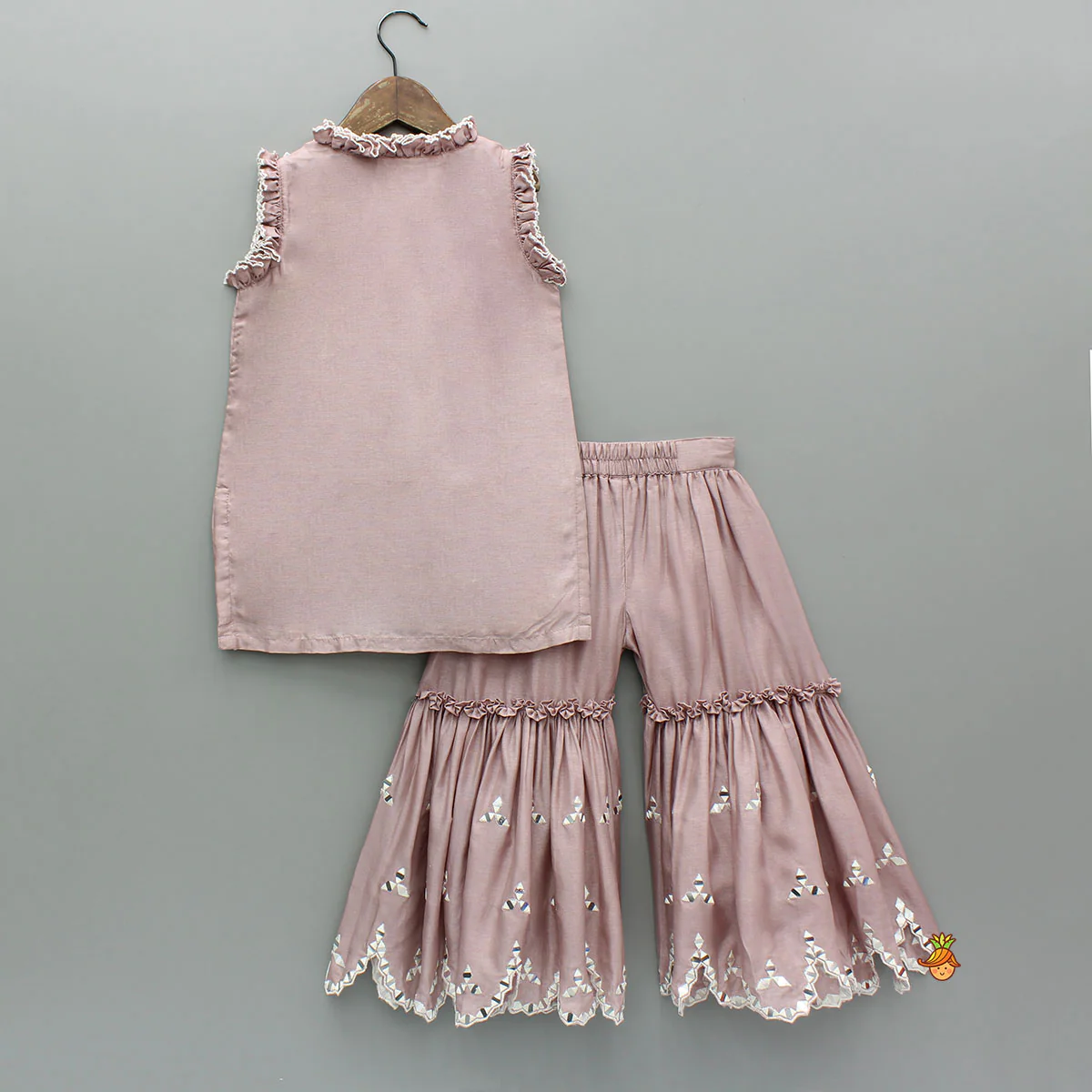 Pink Faux Mirror Embroidered Ruffle Detailed Kurti With Sharara - Image 2
