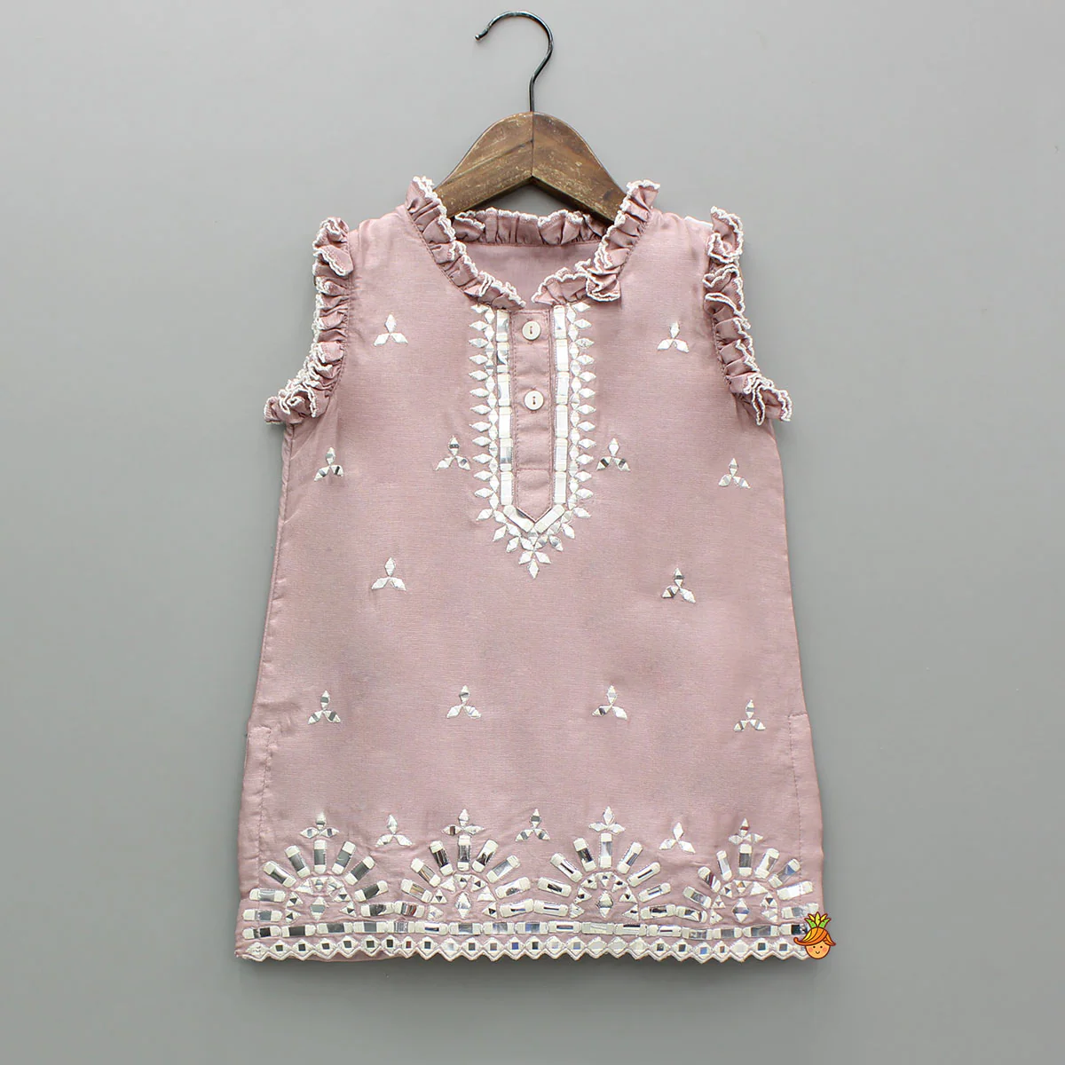 Pink Faux Mirror Embroidered Ruffle Detailed Kurti With Sharara - Image 3