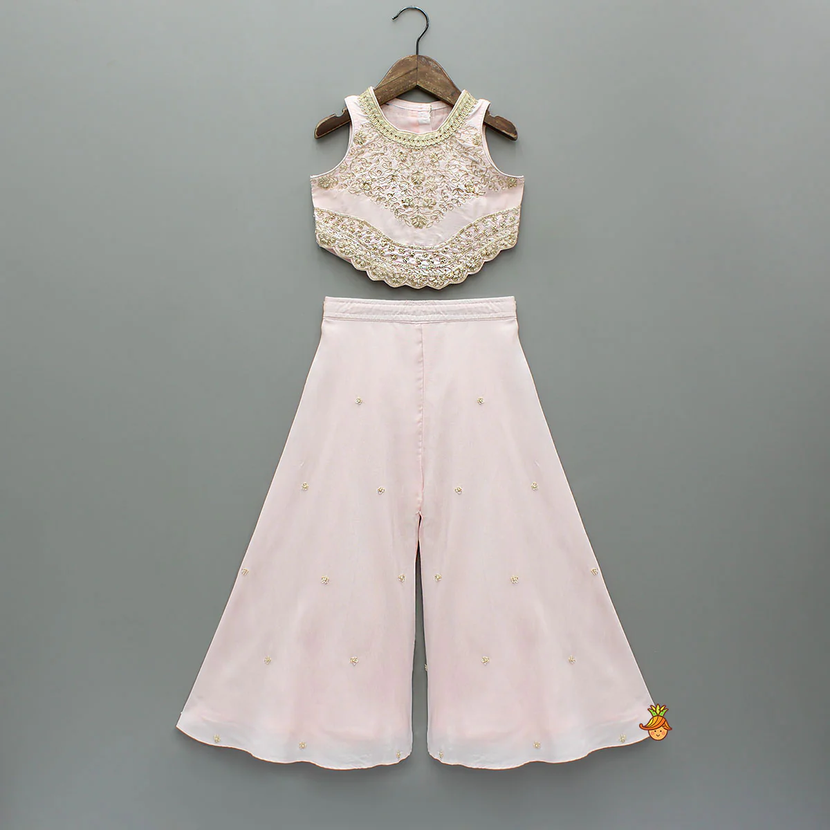 Pink Floral Embroidered Stylish Hem Top With Palazzo And Dupatta - Image 3