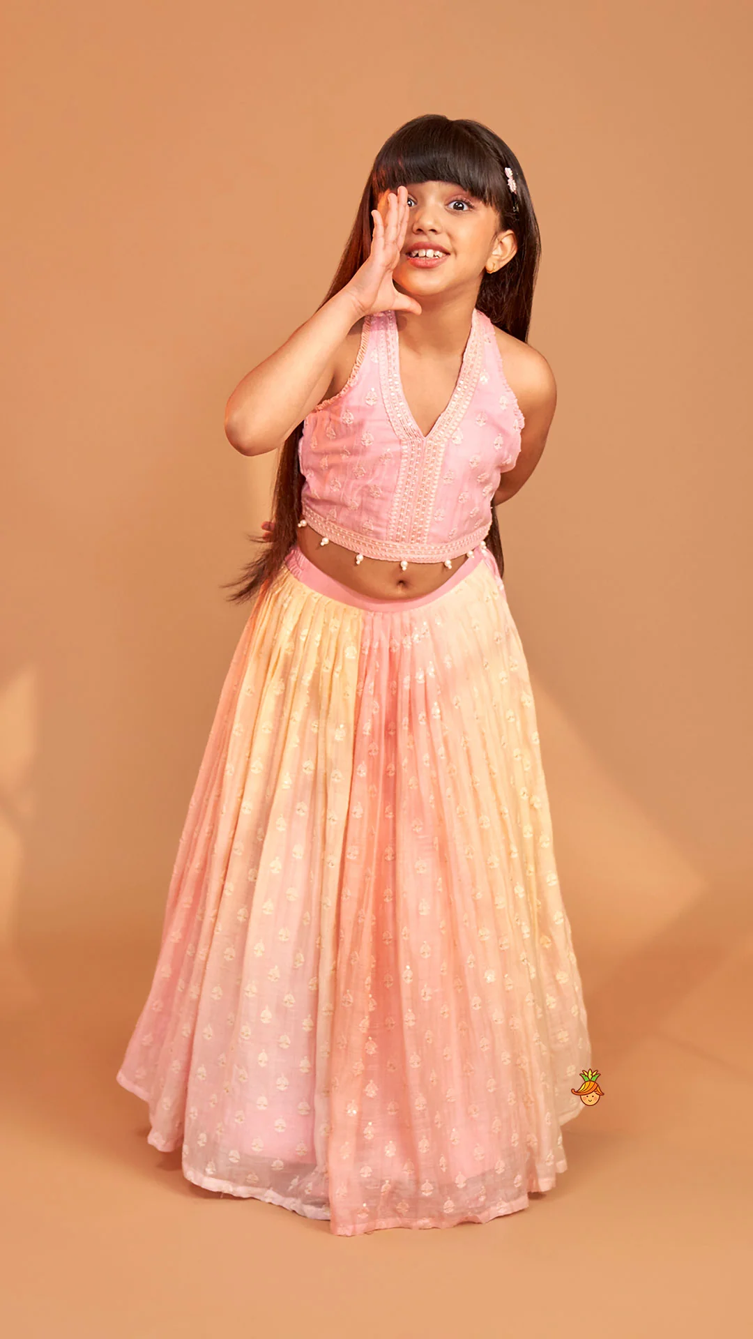Pink Halter Neck Top With Ombre Lehenga - Image 3