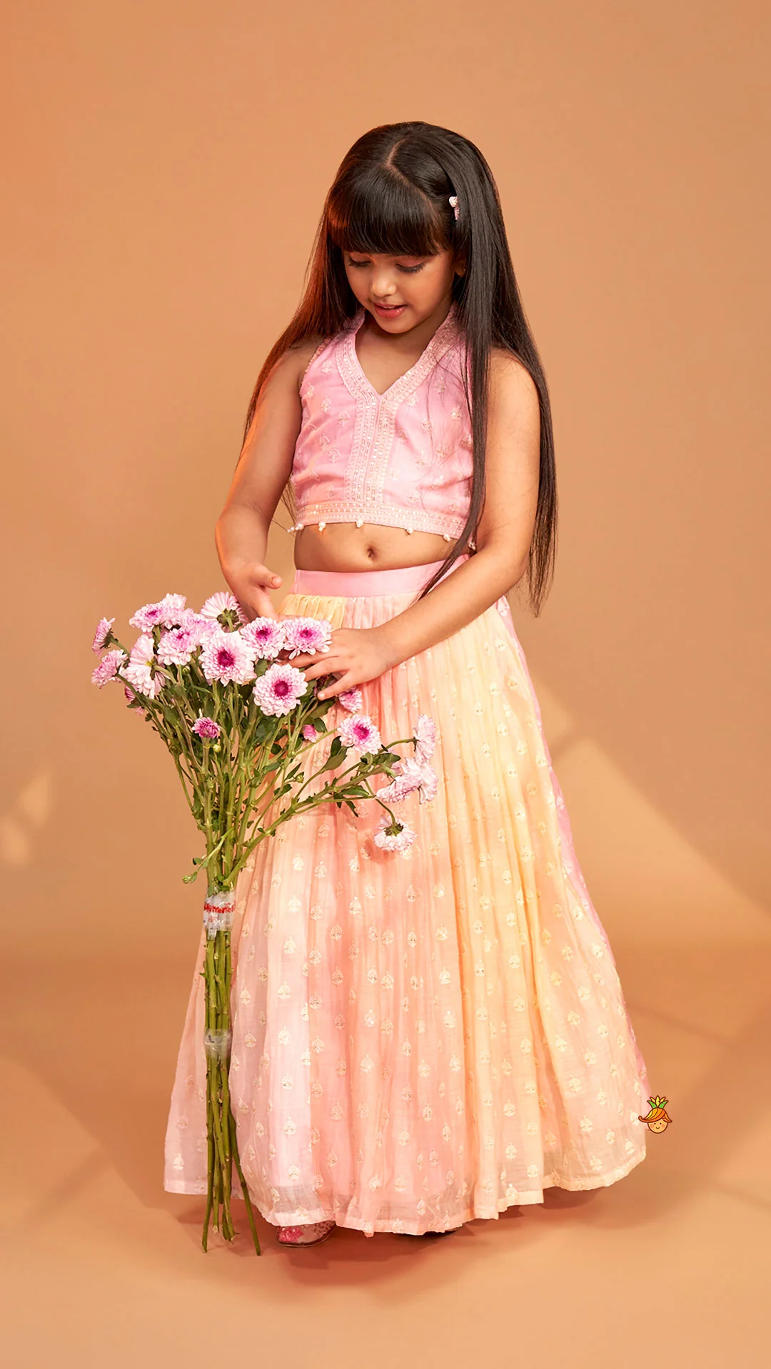 Pink Halter Neck Top With Ombre Lehenga - Image 5