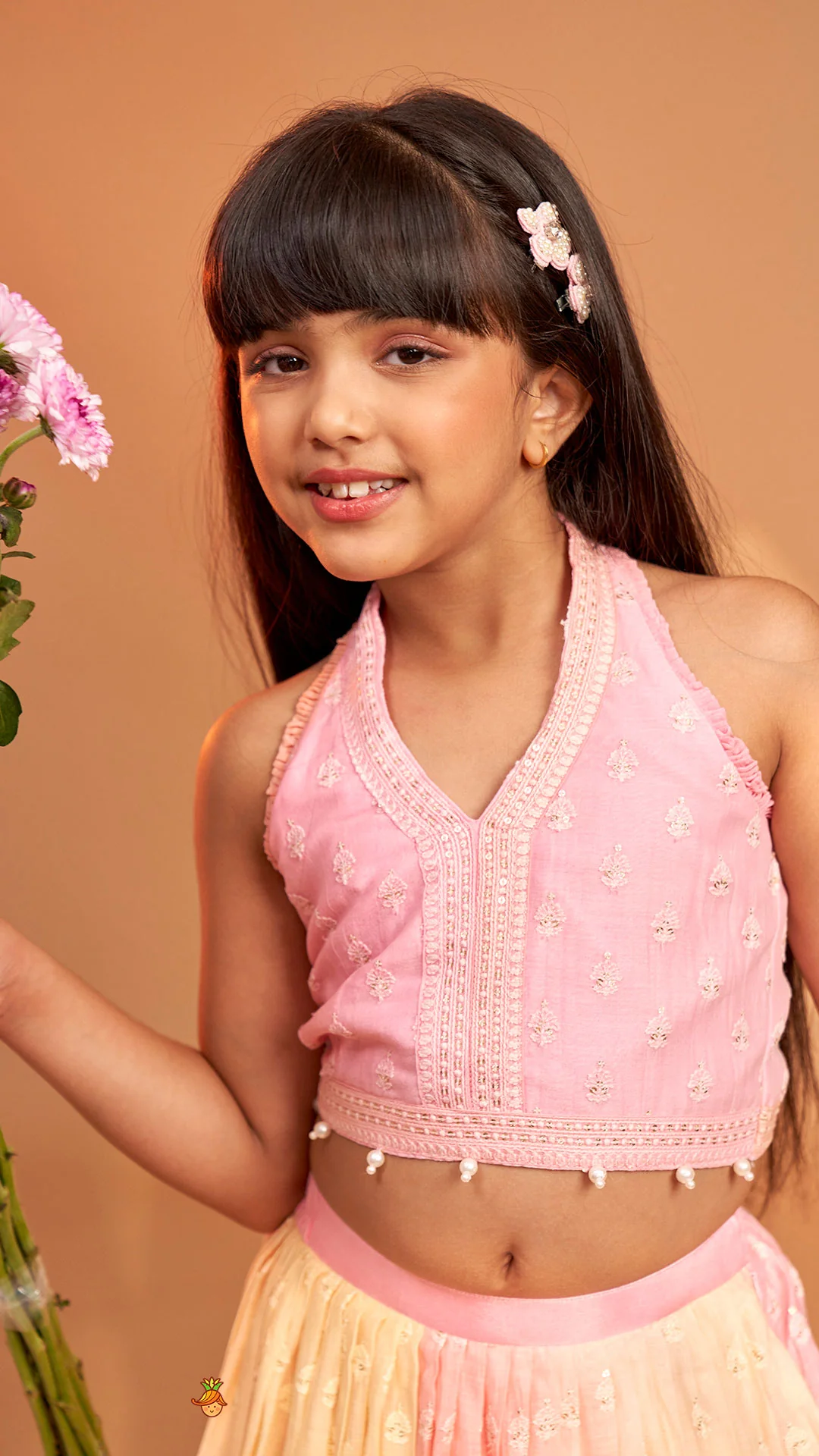 Pink Halter Neck Top With Ombre Lehenga - Image 9