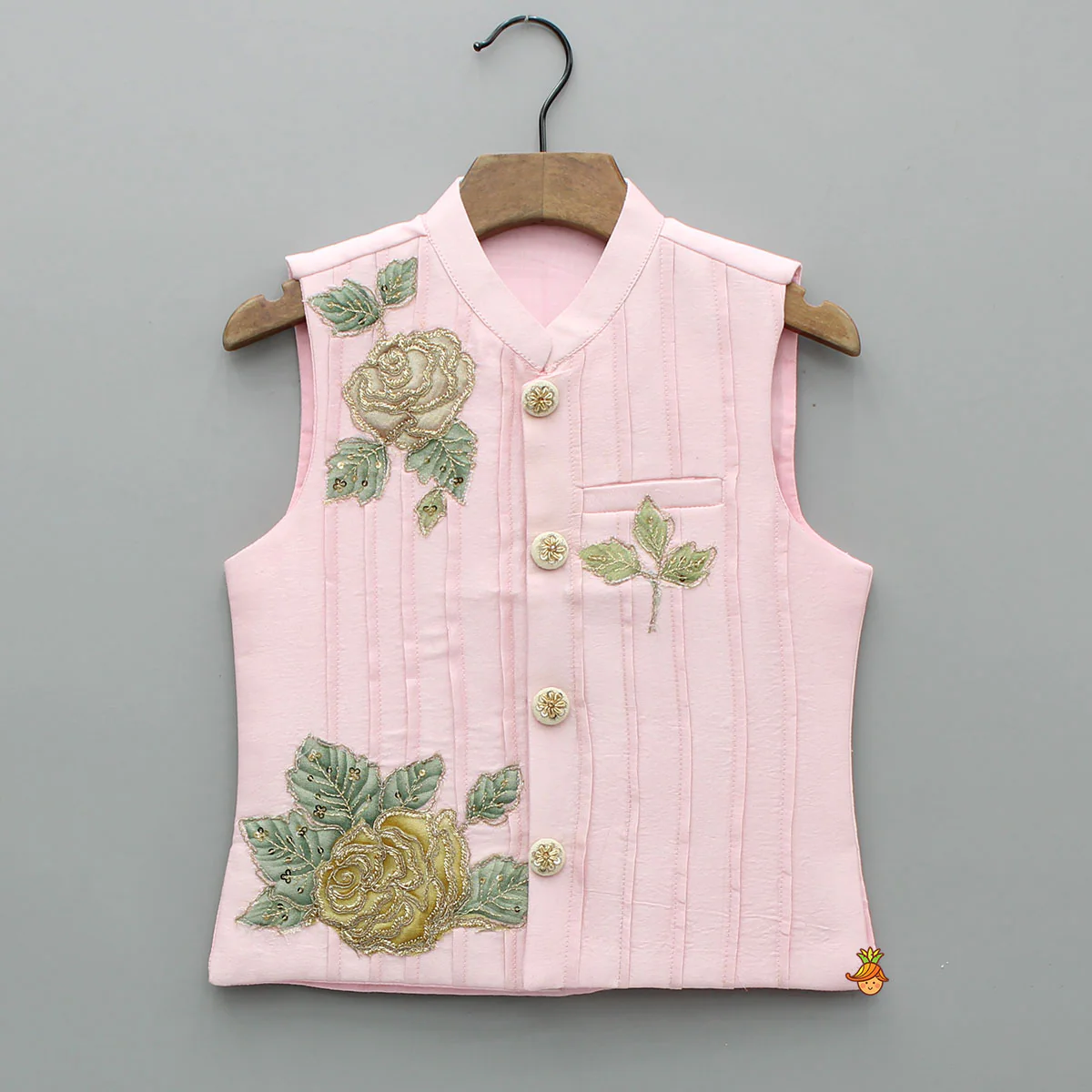 Pink Kurta With Floral Embroidered Jacket And Pyjama - Image 6