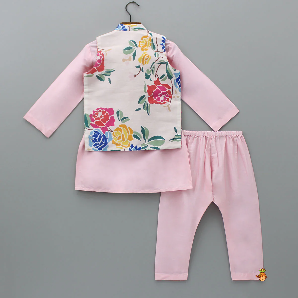 Pink Kurta With Hand Embroidered Floral Printed Jacket And Pyjama - Image 2