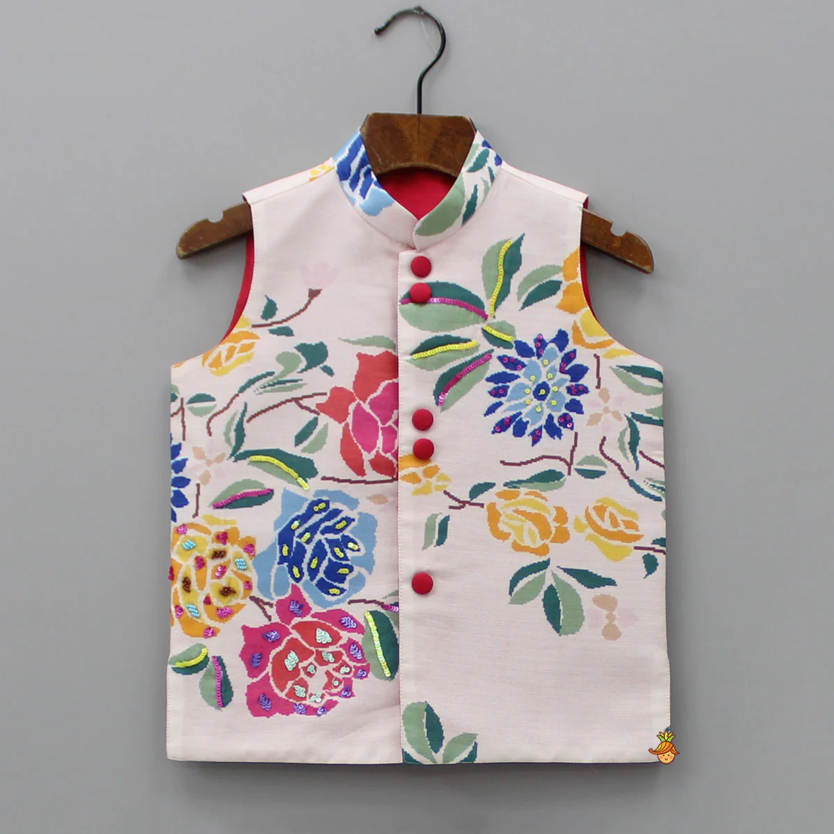 Pink Kurta With Hand Embroidered Floral Printed Jacket And Pyjama - Image 6