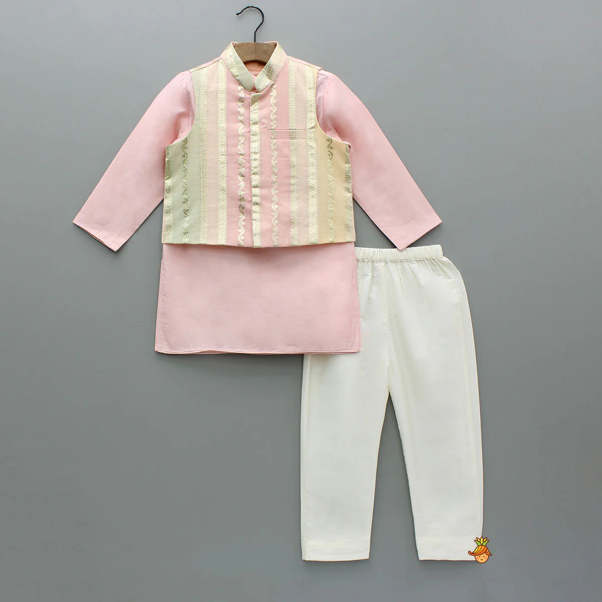 Pink Kurta With Zari Detailed Multi Tone Jacket And Pyjama