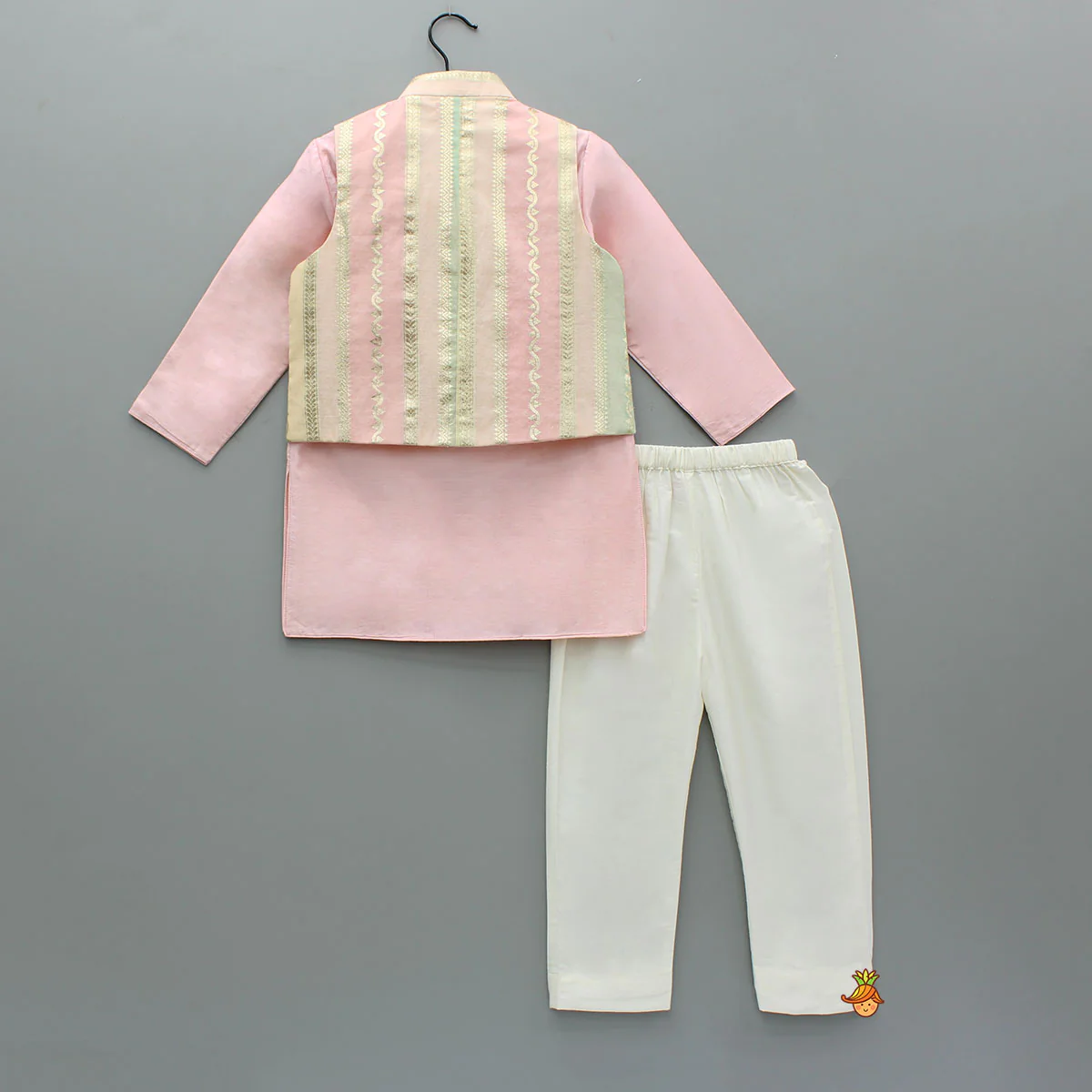 Pink Kurta With Zari Detailed Multi Tone Jacket And Pyjama - Image 2
